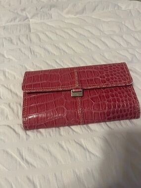 Croc-Embossed Pink Faux Leather Clutch with Metal Accent